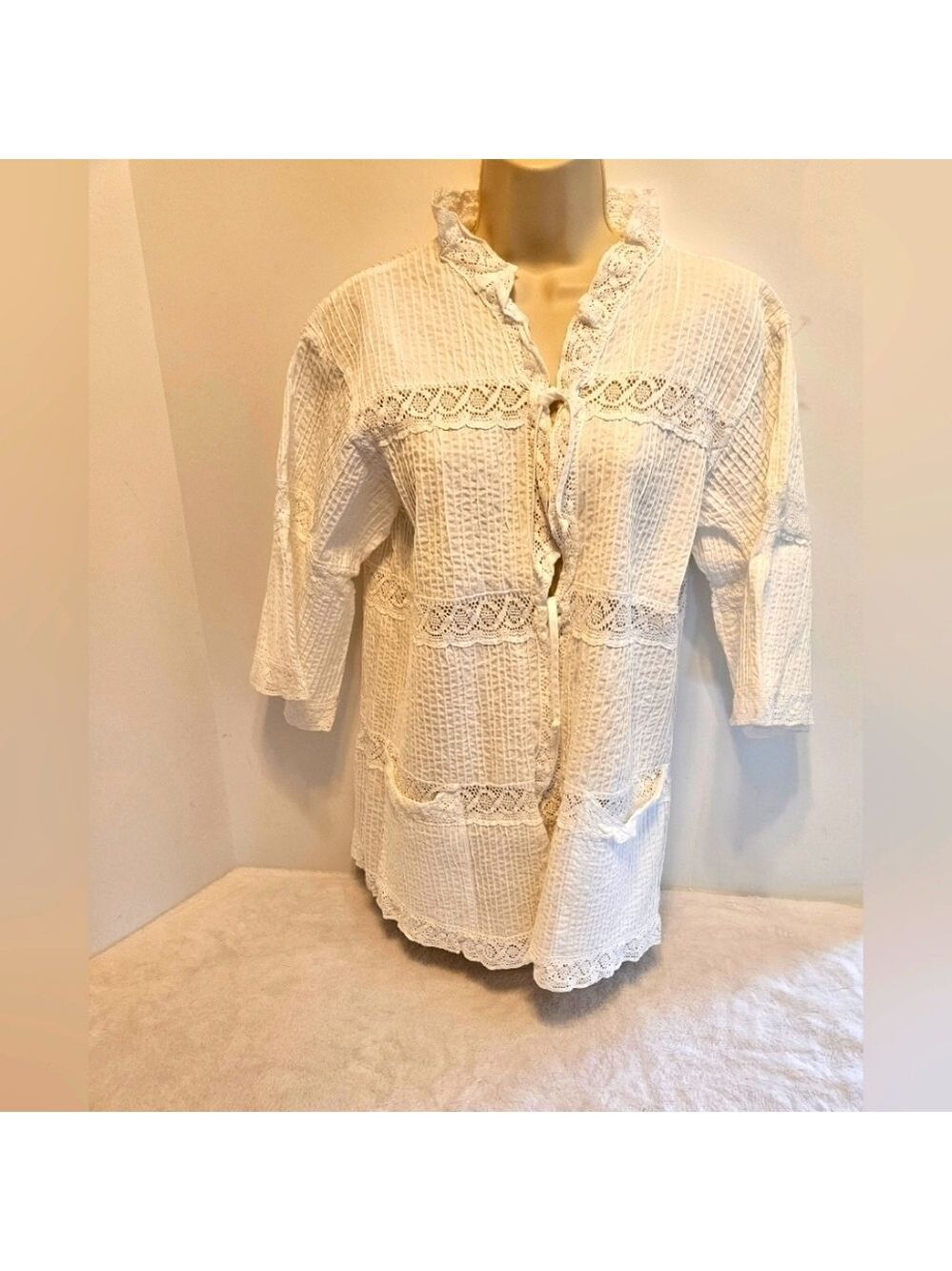 White Cotton Pintuck Tunic Lace Cottagecore Grandmacore One Size - Picture 9 of 15